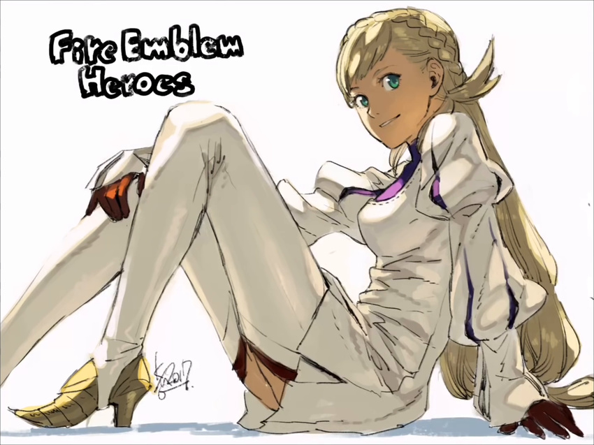 blonde_hair boots braid copyright_name dress fire_emblem fire_emblem_heroes gloves green_eyes high_heels kozaki_yuusuke long_hair long_sleeves no_armor official_art pointy_boots puffy_long_sleeves puffy_sleeves shadow sharena signature simple_background sitting smile solo thigh_boots thighhighs white_background white_dress