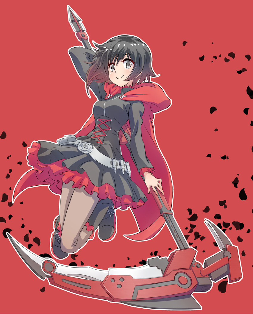 black_hair cape crescent_rose highlights highres iesupa multicolored_hair pantyhose petals red_background red_hair ruby_rose rwby silver_eyes solo