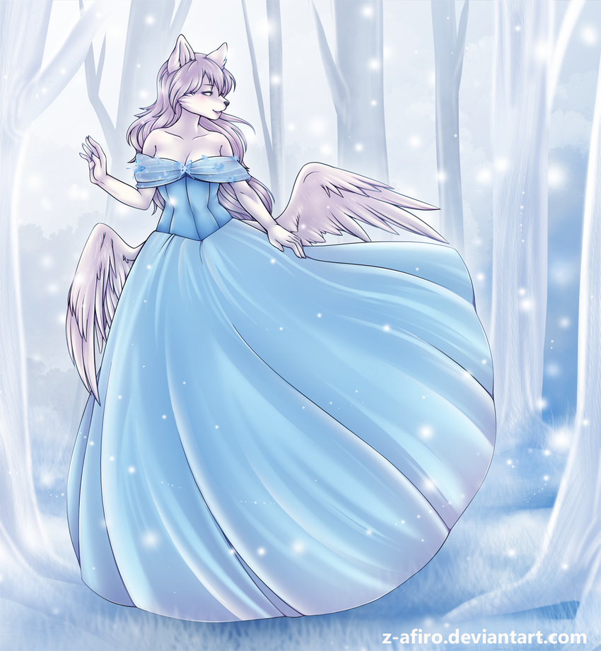 2017 anthro canine clothed clothing cute digital_media_(artwork) dress fairy fantasy feathered_wings feathers female florest forest fur hair ice invalid_color invalid_tag mammal outside pose princess royalty simple_background smile snow snowing tree wings wolf z-afiro