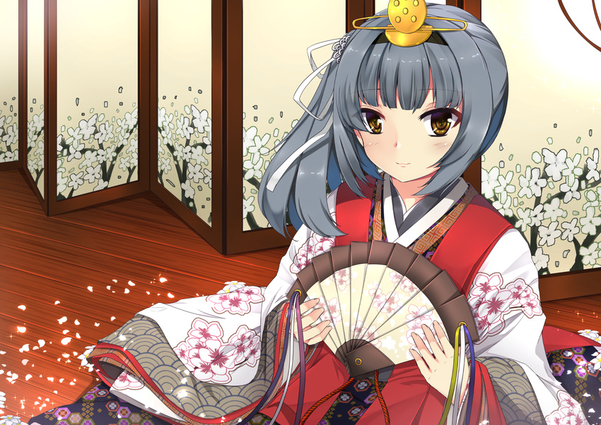 alternate_costume asymmetrical_hair bangs black_hairband blunt_bangs cherry_blossoms closed_mouth commentary crown eyebrows_visible_through_hair eyes_visible_through_hair fan floral_print folding_fan folding_screen grey_hair hair_ribbon hairband hina_ningyou hinamatsuri holding holding_fan indoors japanese_clothes kantai_collection karaginu_mo kasumi_(kantai_collection) kimono layered_clothing layered_kimono long_hair looking_at_viewer multicolored multicolored_clothes multicolored_kimono petals print_kimono ribbon ribbon_trim saishi sheita shiny shiny_hair side_ponytail sitting smile solo sparkle string white_ribbon wide_sleeves wooden_floor yellow_eyes