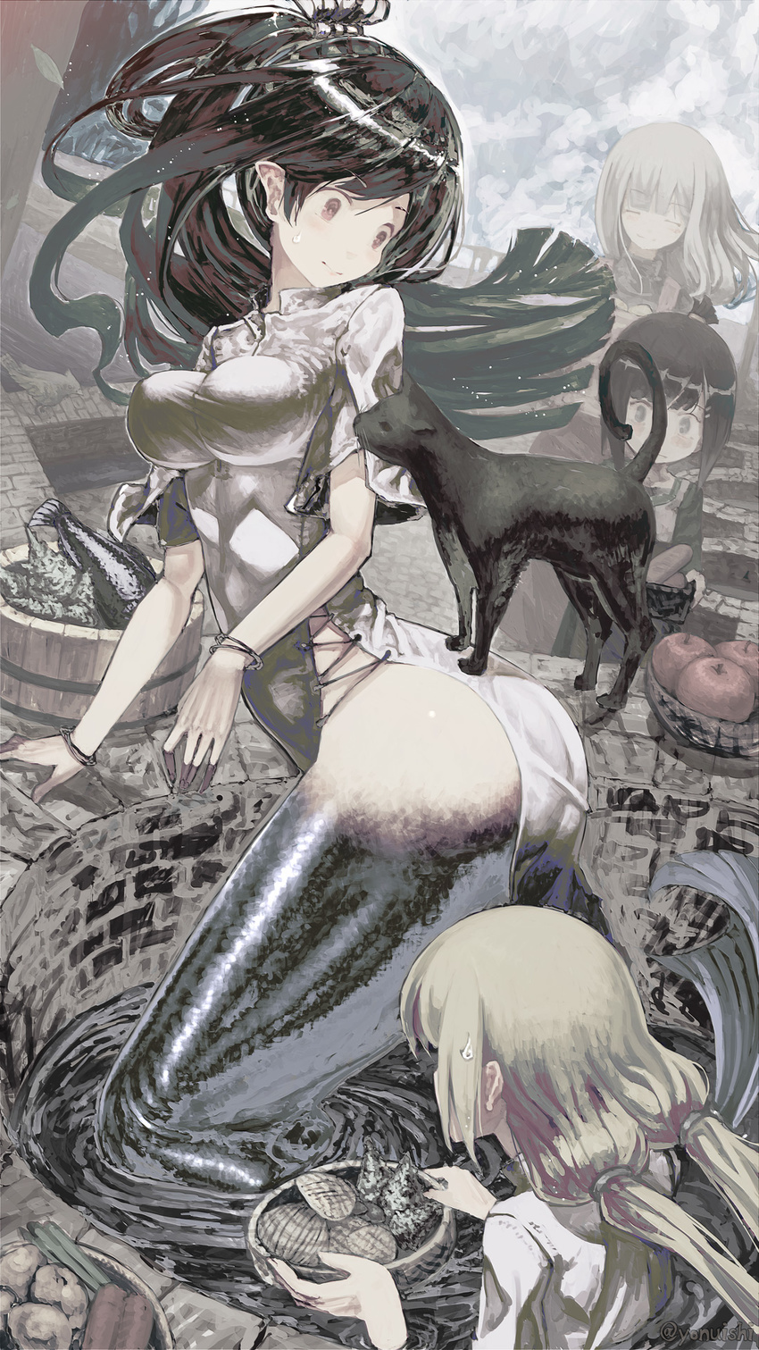 animal apple ass basket black_hair blonde_hair bracelet breasts brown_eyes carrot cat dutch_angle fish food fruit highres jewelry large_breasts long_hair looking_back mermaid monster_girl multiple_girls original partially_submerged pointy_ears ponytail scales shell short_hair side_slit sweatdrop tefec water