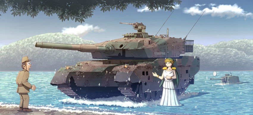 1girl caterpillar_tracks cloud day doraemon earasensha ground_vehicle gun honest_axe imperial_japanese_army japan_ground_self-defense_force japan_self-defense_force lake lake_hamana military military_vehicle motor_vehicle mountain original parody partially_immersed sky tank type_10_(tank) type_4_chi-to water weapon world_war_ii
