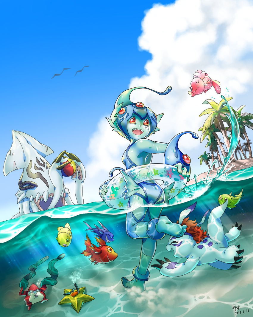 1girl artist_name ass bandai barefoot beach breasts claws dated digimon fangs female fish gesomon gloves gomamon happy looking_back monster_girl one-piece_swimsuit pickmon ranamon red_eyes running sky smile starmon swimming swimsuit water wink