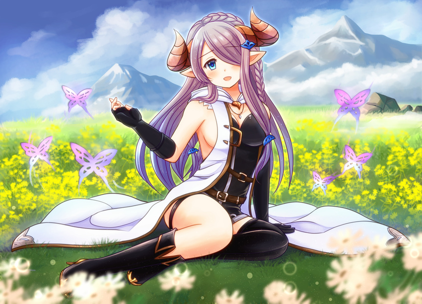 asymmetrical_gloves bad_id bad_pixiv_id black_footwear black_gloves black_legwear blue_eyes blurry boots braid breasts bug butterfly cloud commentary_request day depth_of_field draph eijima_moko elbow_gloves full_body gloves granblue_fantasy hair_ornament hair_over_one_eye high_heels insect knee_boots large_breasts lavender_hair long_hair looking_at_viewer mountain narmaya_(granblue_fantasy) open_mouth outdoors pointy_ears single_braid single_thighhigh sitting sleeveless solo thigh_strap thighhighs yokozuwari