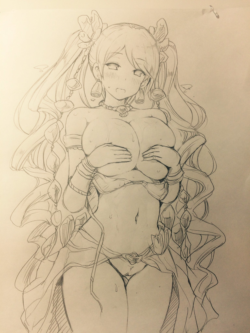 bow breast_hold breasts de_la_fille earrings granblue_fantasy graphite_(medium) hair_bow hair_ribbon highres jewelry large_breasts monochrome naoyama_masaru necklace ribbon topless traditional_media twintails