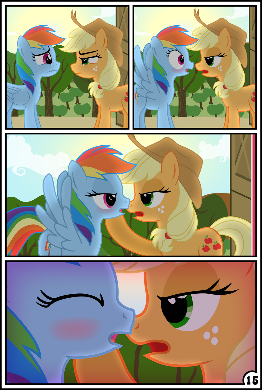 applejack_(mlp) blonde_hair blue_fur comic equine female feral freckles friendship_is_magic fur green_eyes gutovi-kun hair horse mammal multicolored_hair my_little_pony orange_fur pegasus pony purple_eyes rainbow_dash_(mlp) rainbow_hair wings