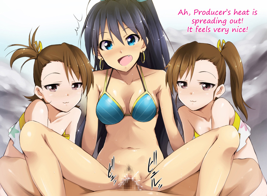 ! 1boy 3girls :3 bikini_top blue_eyes bottomless censored cum cum_in_pussy earrings ejaculation english fang futami_ami futami_mami ganaha_hibiki happy_sex hard_translated hetero idolmaster jewelry kaiga long_hair long_legs looking_at_viewer multiple_girls namassuka!_yariman_day2 open_mouth penis pov pubic_hair sex spread_legs text translated twins\r\n vaginal