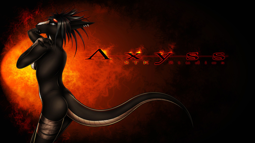 2012 abstract_background anthro axyss biped black_hair black_scales black_tail black_tongue breasts countershade_tail digital_media_(artwork) dragon ear_piercing empty_eyes eyewear facial_piercing female furgonomics furry-specific_piercing goggles hair hand_wraps leg_wraps lip_piercing lip_ring long_tail multicolored_scales multicolored_tail muzzle_piercing name_badge nose_piercing nude piercing pinup pose rear_view scales scalie short_hair side_boob snout solo statik tongue tongue_out two_tone_scales two_tone_tail white_scales white_tail wraps