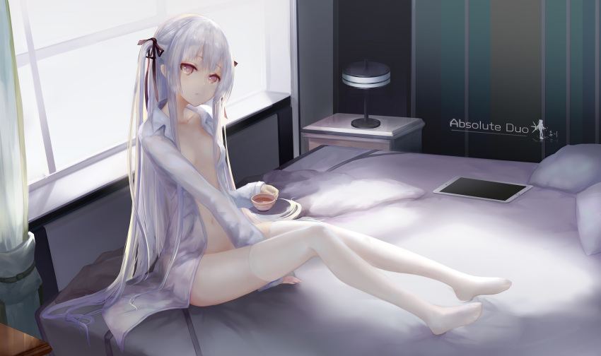 absolute_duo backlighting bangs bed bedroom black_ribbon closed_mouth commentary_request copyright_name cup curtains day desk expressionless hair_ribbon head_tilt highres holding holding_cup indoors ipad knee_up lamp long_hair looking_at_viewer naked_shirt navel no_shoes on_bed open_clothes open_shirt pillow red_eyes revision ribbon shirt sidelocks silver_hair sitting solo tablet_pc tea teacup thighhighs two_side_up wangchuan_de_quanyan white_legwear white_shirt window yurie_sigtuna