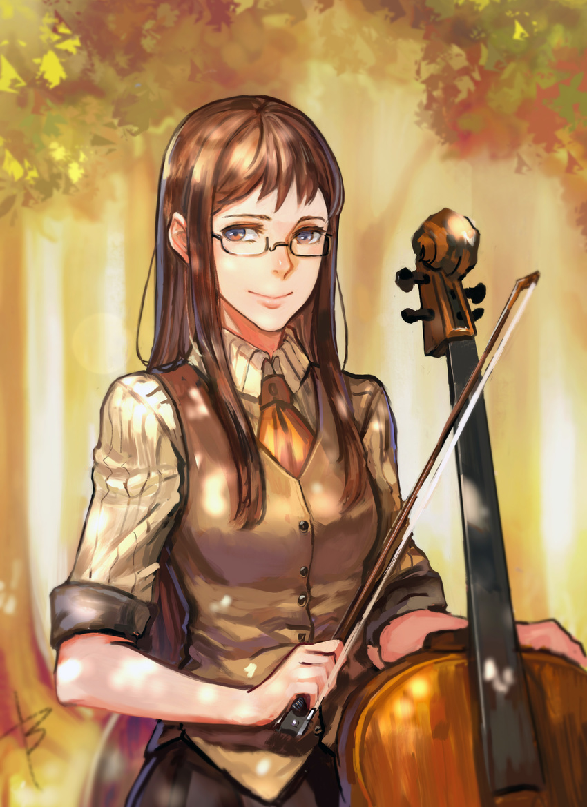 absurdres black_skirt blurry bokeh bow_(instrument) brown_eyes brown_hair brown_vest bryanth cello cowboy_shot depth_of_field glasses highres instrument li_shuhua long_hair outdoors quartett! sketch skirt smile solo standing vest