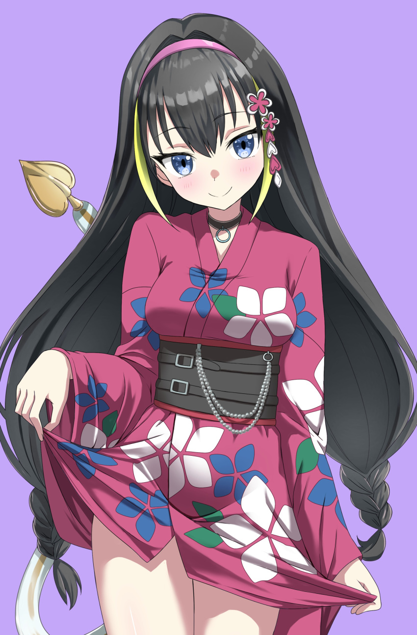 1girl absurdres black_choker black_hair blonde_hair blue_eyes braid breasts choker commentary_request demon_tail floral_print_kimono gradient_hair hair_ornament hairband highres japanese_clothes kimono lessar lifting_own_clothes long_hair looking_at_viewer low-tied_long_hair low_twin_braids mechanical_tail medium_breasts multicolored_hair obi official_alternate_costume paradox_(hatto_air) pink_hairband purple_kimono sash simple_background smile solo tail toaru_majutsu_no_index toaru_majutsu_no_index:_imaginary_fest twin_braids very_long_hair