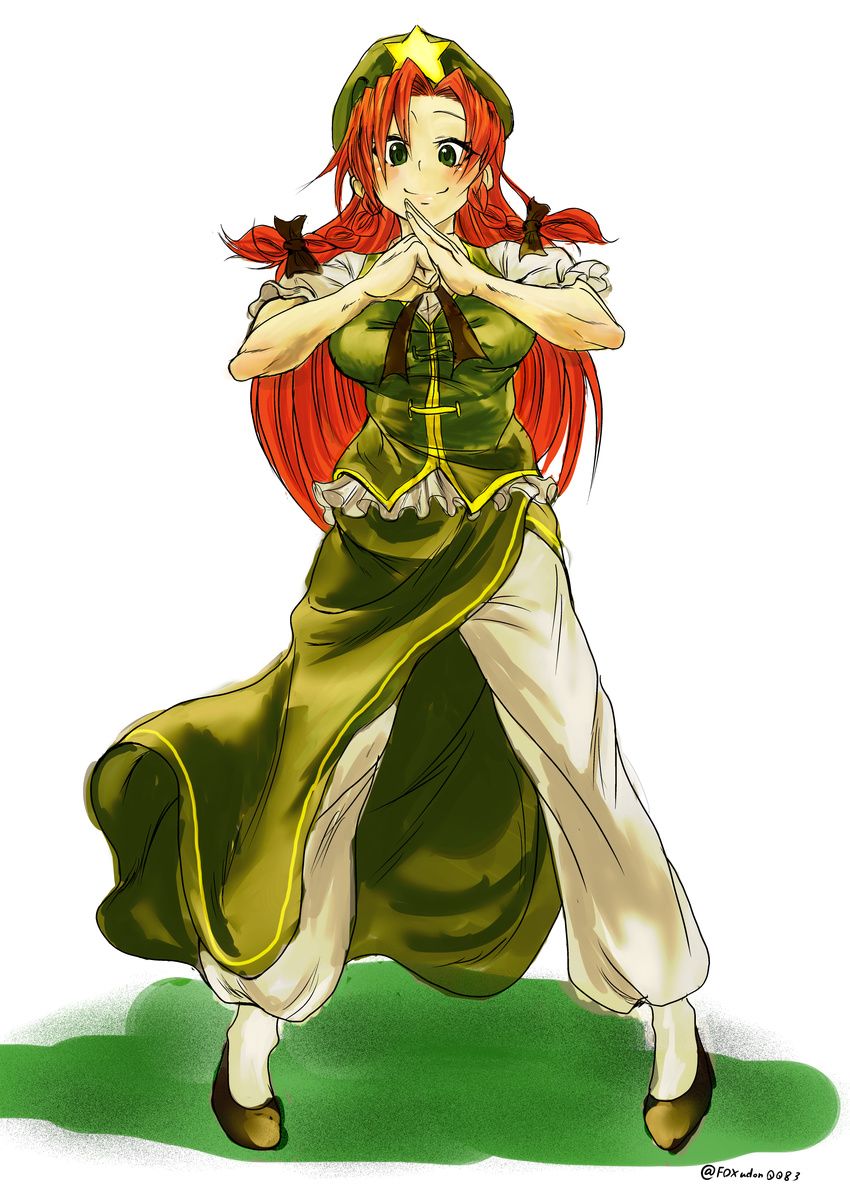 absurdres alternate_costume beret bow braid breasts chinese_clothes clenched_hand fist_in_hand fox_udon full_body grass green_eyes green_footwear green_skirt green_vest hair_bow hat highres hong_meiling long_hair looking_at_viewer medium_breasts muscle muscular_female open_hand own_hands_together palm-fist_greeting pants red_hair ribbon shirt shoes short_sleeves side_slit simple_background skirt skirt_set smile socks solo stance star tangzhuang touhou twin_braids twitter_username very_long_hair vest white_background white_legwear white_pants white_shirt