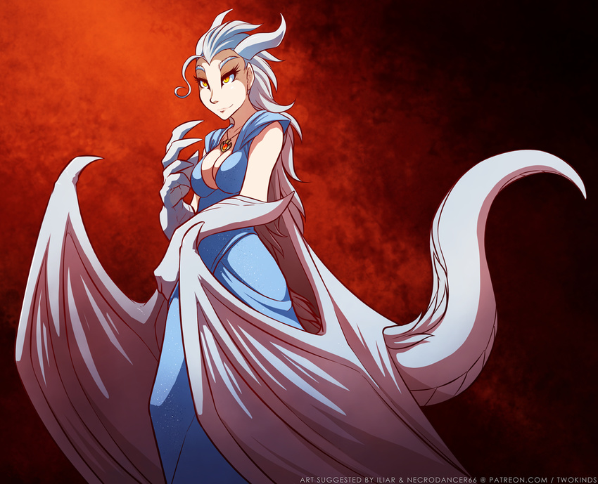 adrakist black_background breasts claws cleavage clothed clothing dragon dress female hair horn human hybrid jewelry lady_nora mammal red_background scales simple_background smile solo tom_fischbach twokinds wings yellow_eyes