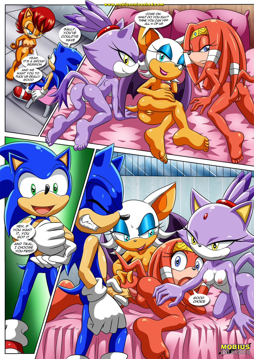 anthro barefoot bat bbmbbf bed big_breasts blaze_the_cat breasts chipmunk clothing echidna erection gloves hairband headband hedgehog horny_(disambiguation) imminent_sex mammal mobius_unleashed monotreme nipples nude palcomix penis pussy rodent rouge_the_bat sally_acorn seductive sonic_(series) sonic_the_hedgehog tikal_the_echidna