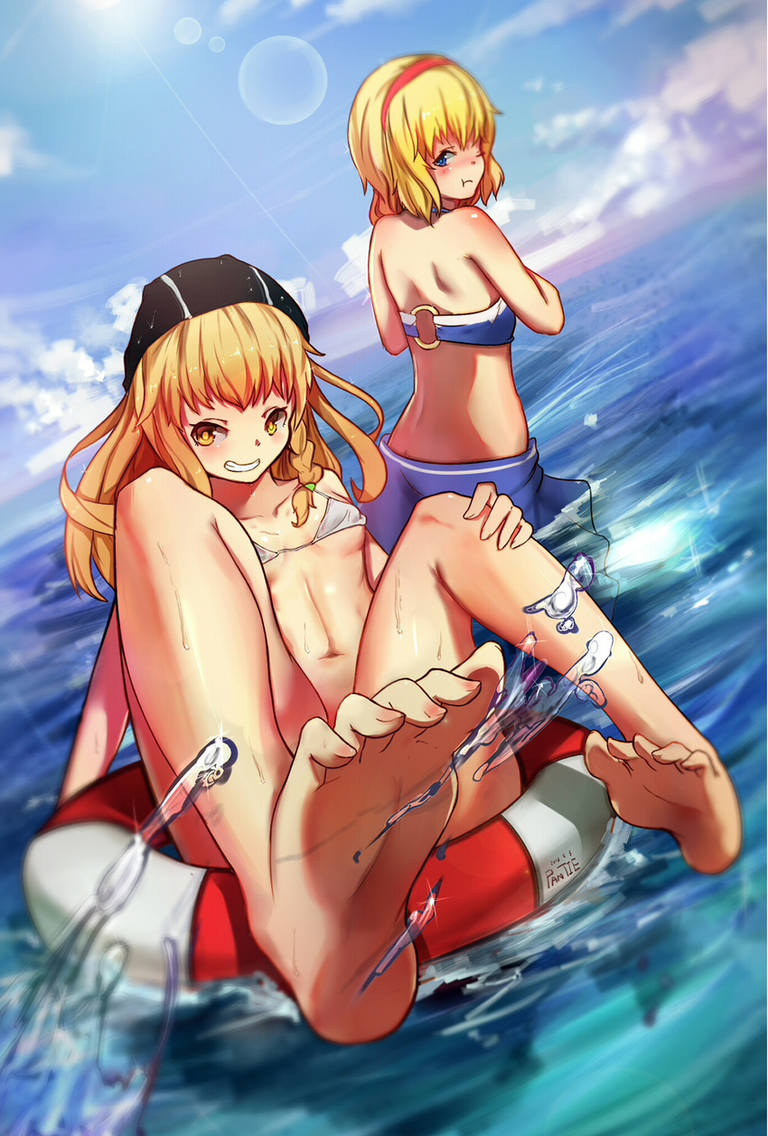2girls alice_margatroid alternate_costume back bangs barefoot bikini blonde_hair blue_bikini blue_eyes blue_sarong blue_sky blurry blush braid breasts butt_crack cloud covered_nipples dated day depth_of_field dutch_angle feet foreshortening grin hairband hand_on_leg hands_on_own_chest highres hips horizon innertube kirisame_marisa legs lens_flare long_hair looking_at_another looking_back looking_to_the_side micro_bikini multiple_girls navel o-ring o-ring_top ocean one_eye_closed outdoors pantie_painting pout reflection sarong shiny shiny_skin short_hair single_braid sky small_breasts smile soles sparkle splashing swimsuit toes touhou wading water wet white_bikini yellow_eyes