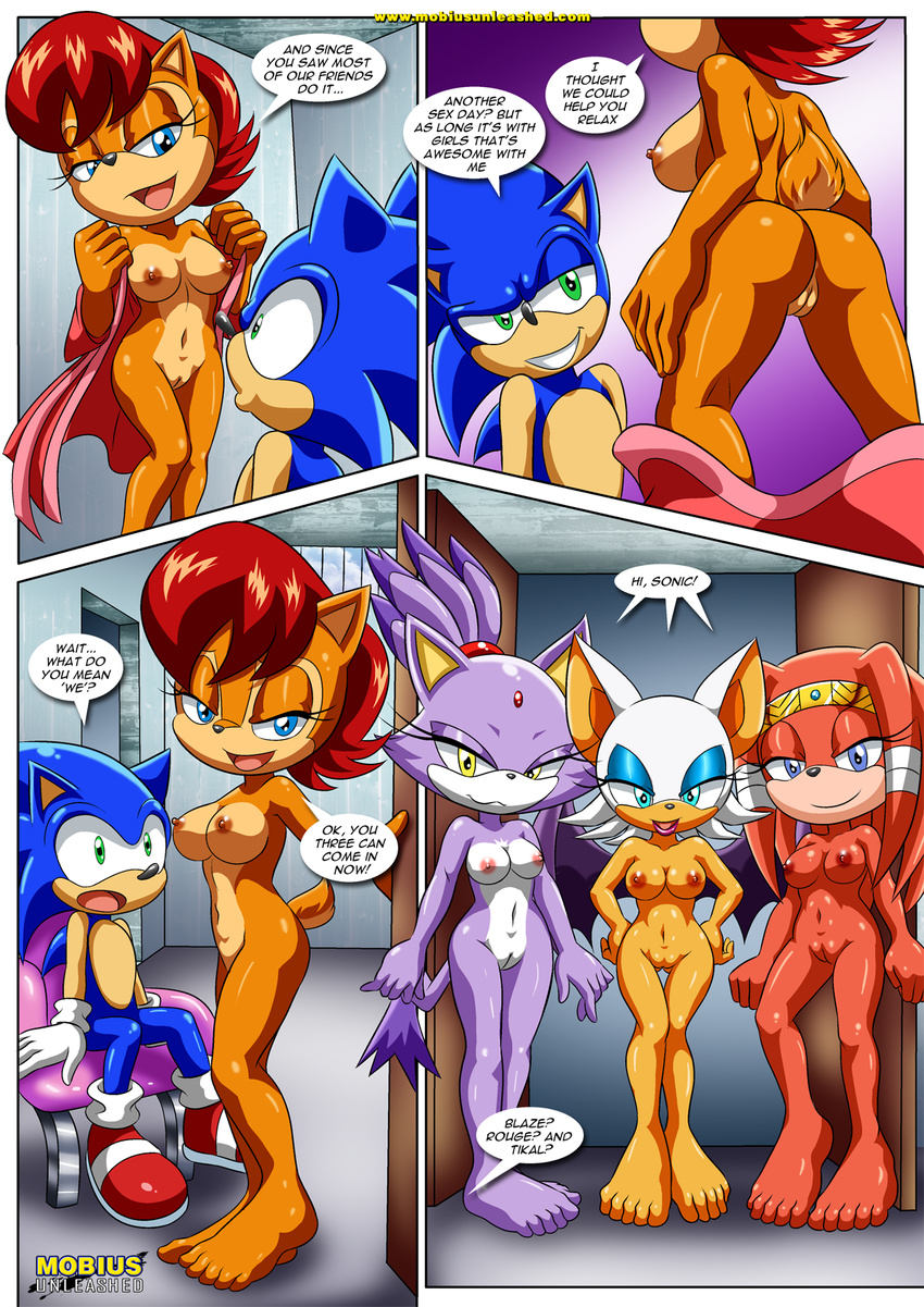 anthro bat bbmbbf big_breasts blaze_the_cat breasts chipmunk clothing dialogue echidna eyeliner headband hedgehog lipstick makeup mammal mobius_unleashed monotreme nude palcomix pussy robe rodent rouge_the_bat sally_acorn seductive sonic_(series) sonic_the_hedgehog tikal_the_echidna undressing