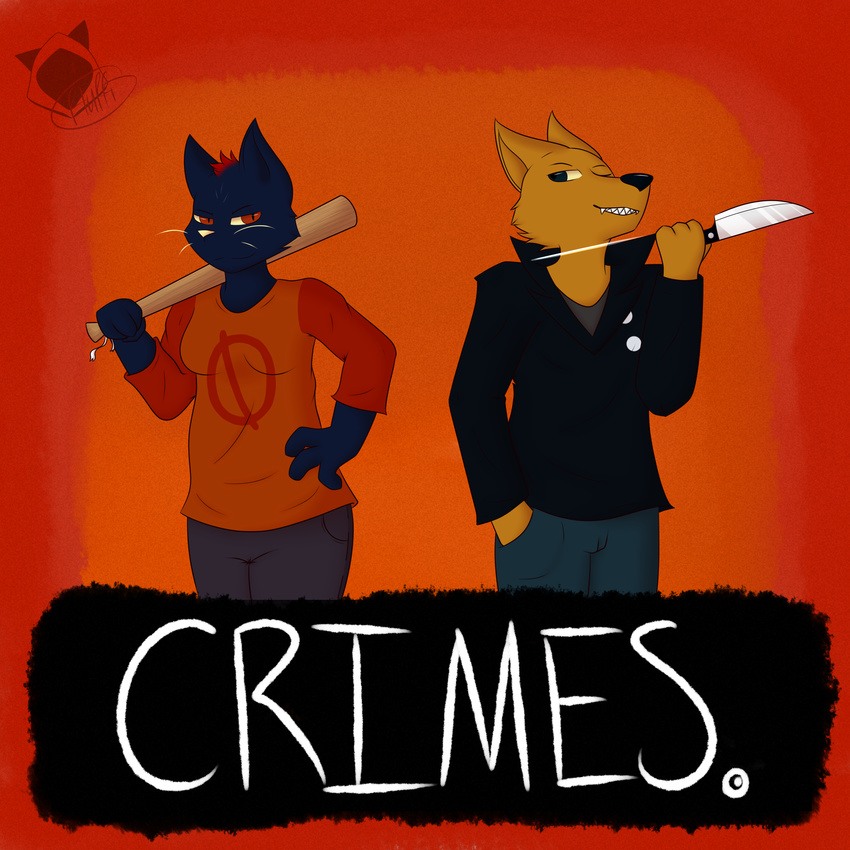 2017 anthro bat canine cat clothing digital_media_(artwork) feline fluffihoodie fox fur gregg_(nitw) hair knife mae_(nitw) mammal night_in_the_woods simple_background video_games