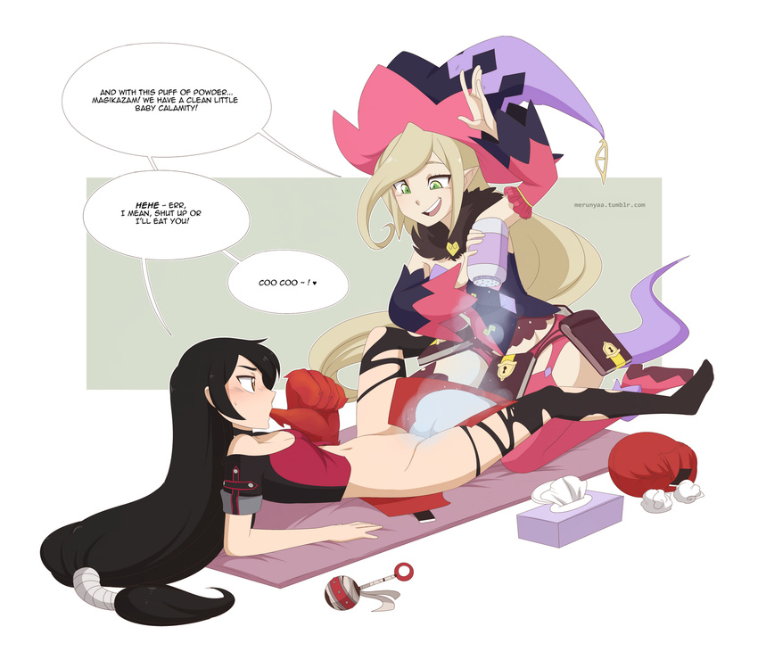 adult_baby baby_powder black_hair blonde_hair blush book breasts detached_sleeves diaper diaper_changing green_eyes hat highres long_hair magilou_(tales) md5_mismatch multiple_girls no_panties no_pants open_mouth pointy_ears rattle resized tales_of_(series) tales_of_berseria thighhighs thumb_sucking upscaled velvet_crowe yellow_eyes