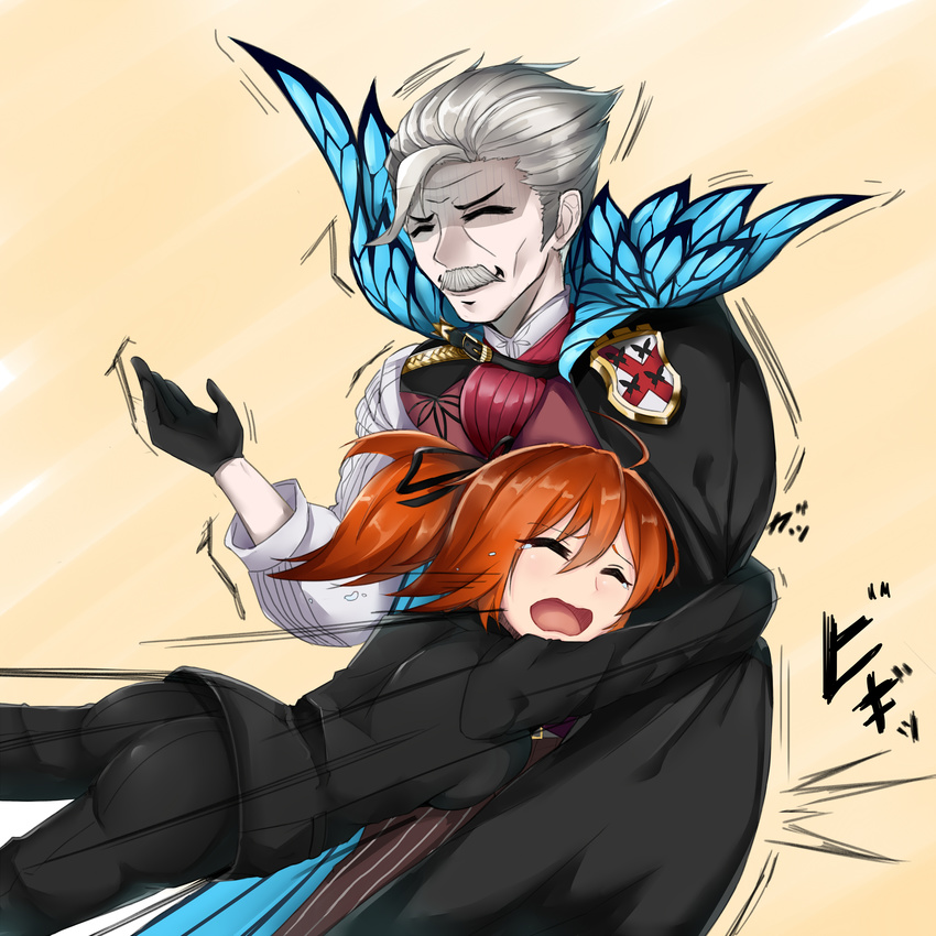 1boy 1girl artist_request ass breasts butterfly coat crying eyes_closed facial_hair fate/grand_order fate_(series) fujimaru_ritsuka_(female) glomp gloves hair_ribbon huge james_moriarty_(fate/grand_order) long_hair open_mouth orange_hair ribbon shiny shiny_hair side_ponytail sideboob smile suit tears translation_request