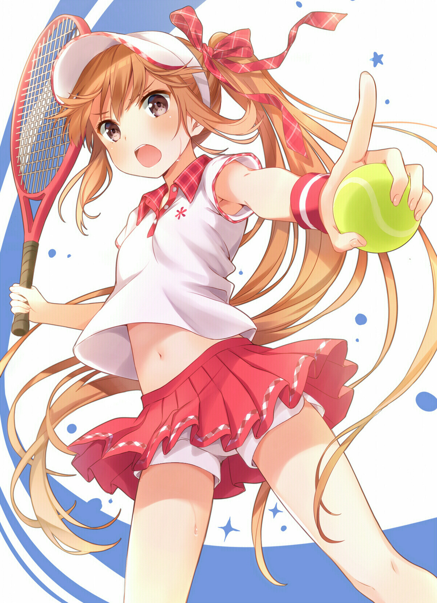 :o armpit_peek armpits ball bare_arms blonde_hair breasts brown_eyes commentary_request dutch_angle hair_ribbon highres holding holding_ball index_finger_raised long_hair looking_at_viewer midriff moe2017 navel open_mouth original outstretched_arm plaid_collar pleated_skirt polo_shirt ponytail racket red_skirt revision ribbon round_teeth shirt shirt_lift short_sleeves shorts shorts_under_skirt shouting sidelocks skirt skirt_lift small_breasts solo standing star sweat teeth tennis tennis_racket two-tone_background v-shaped_eyebrows very_long_hair visor_cap white_shorts wing_collar wristband yumesaki