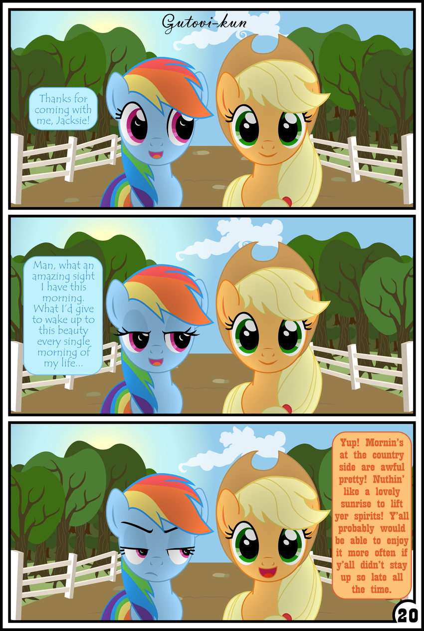 applejack_(mlp) blonde_hair blue_fur comic equine female feral friendship_is_magic fur green_eyes gutovi-kun hair horse mammal multicolored_hair my_little_pony orange_fur pegasus pony purple_eyes rainbow_dash_(mlp) rainbow_hair wings