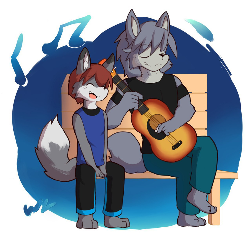 canine cute dog duo fox guitar husky kouya_(morenatsu) male mammal morenatsu music musical_instrument romantic_couple simple_background singing sirus sitting whiteleo