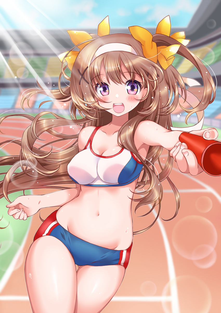 :d ass_visible_through_thighs bangs blurry blurry_background blush breasts brown_hair buruma cleavage collarbone commentary_request contrapposto cowboy_shot crop_top depth_of_field eyebrows_visible_through_hair floating_hair foreshortening hair_ornament hairband highres hips holding kawanobe lens_flare light_rays long_hair looking_at_viewer medium_breasts midriff moe2017 navel open_mouth original outstretched_arm purple_eyes relay_baton relay_race smile solo sports_bikini sports_bra standing sunbeam sunlight teeth thighs two_side_up x_hair_ornament