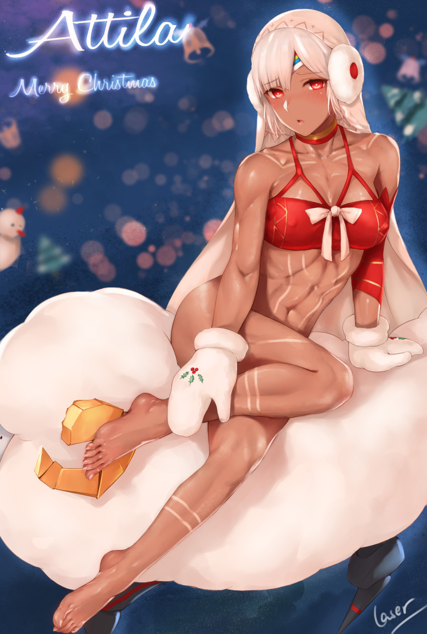 1girl altera_(fate) altera_the_santa bangs bare_legs bare_shoulders barefoot blush breasts chinese_commentary choker christmas collarbone commentary_request dark_skin detached_sleeves earmuffs erect_nipples eyebrows_visible_through_hair fate/grand_order fate_(series) highres looking_at_viewer medium_breasts merry_christmas mittens muscle navel no_panties parted_lips red_eyes rosaline sheep shiny shiny_skin short_hair signature sitting solo tattoo veil white_hair