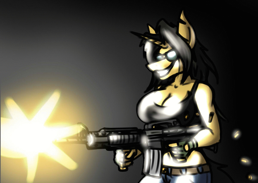 2017 amber_steel animated assault_rifle breasts cleavage clothed clothing equine female gun horn m4a1 mammal metalfoxxx ranged_weapon rifle solo unicorn weapon