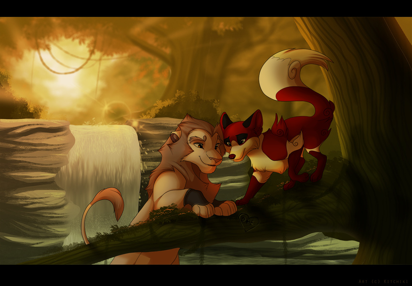black_bars brown_hair canine day detailed_background duo female fox fur hair kitchiki male mammal moss outside paws pink_nose red_fur smile tan_fur tree waterfall