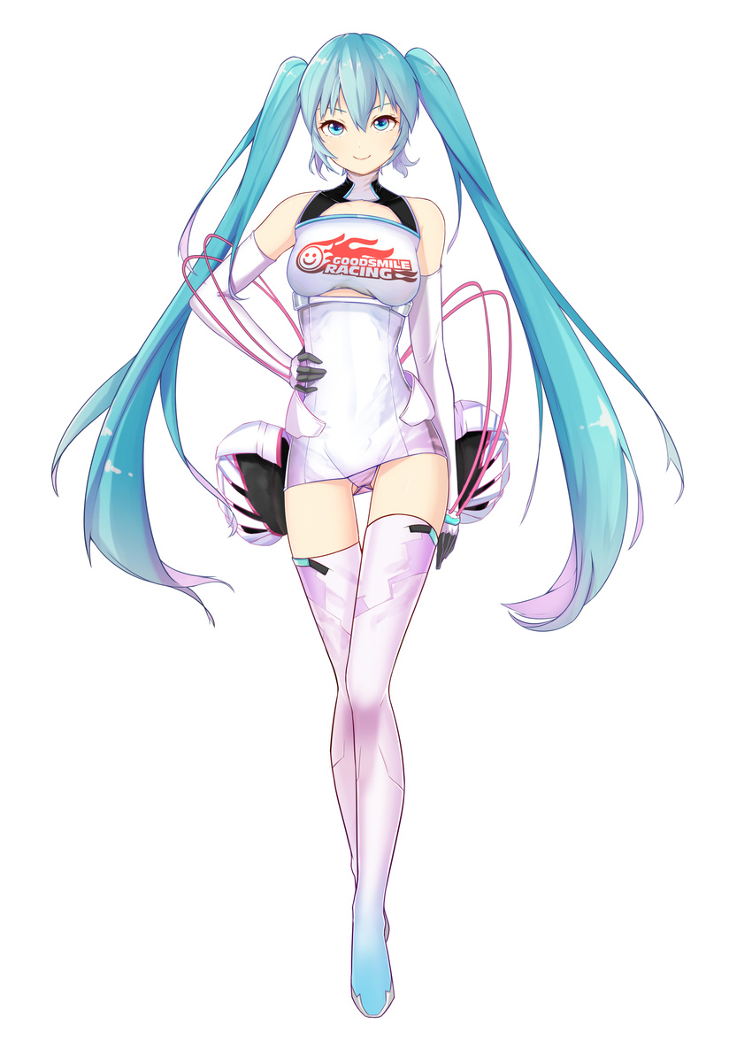 absurdres aqua_eyes aqua_hair ass_visible_through_thighs boots breasts elbow_gloves full_body gloves goodsmile_company goodsmile_racing hand_on_hip hatsune_miku highres leotard long_hair medium_breasts race_queen racing_miku racing_miku_(2014) simple_background smile solo thigh_boots thigh_gap thighhighs twintails very_long_hair vocaloid white_background white_footwear white_legwear zuiai_gongzhu_dianxia