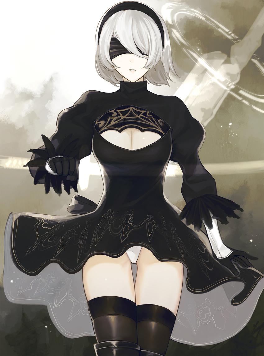 absurdres bad_id bad_pixiv_id black_dress black_footwear black_gloves black_hairband black_legwear blindfold boots cleavage_cutout covered_eyes dress feather-trimmed_sleeves gloves hairband high_heel_boots high_heels highleg highleg_leotard highres juliet_sleeves leotard long_sleeves mole mole_under_mouth nier_(series) nier_automata pink_lips puffy_sleeves scroll_lock_(scrool5) short_dress solo turtleneck vambraces weapon weapon_on_back white_leotard yorha_no._2_type_b