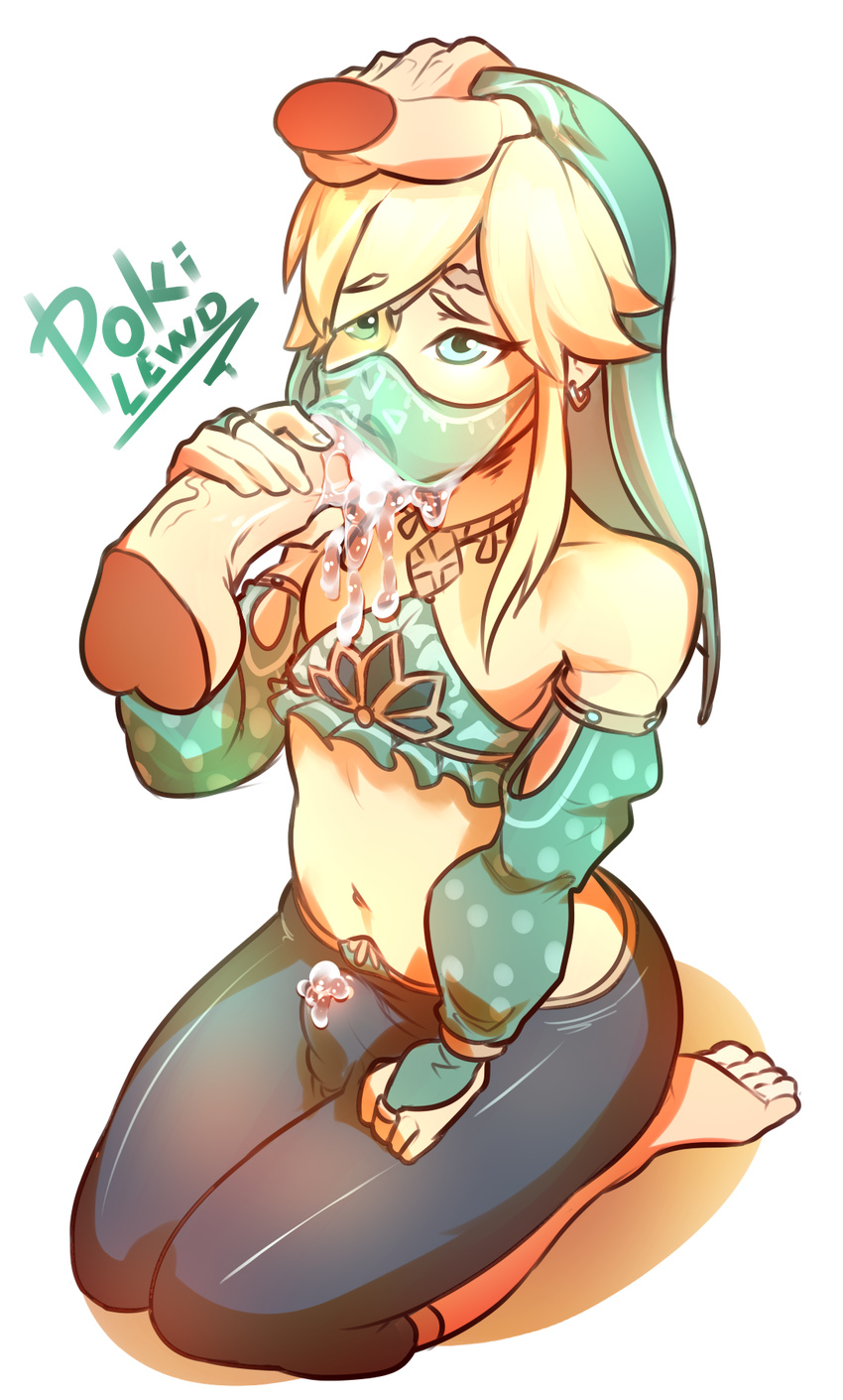 alternate_costume artist_name barefoot blonde_hair blue_eyes crossdressing cum cum_in_clothes cum_through_clothes detached_sleeves disembodied_limb disembodied_penis erection erection_under_clothes fellatio gerudo_link highres kneeling link male_focus midriff navel oral penis pokilewd solo_focus the_legend_of_zelda the_legend_of_zelda:_breath_of_the_wild veil veil_lift yaoi