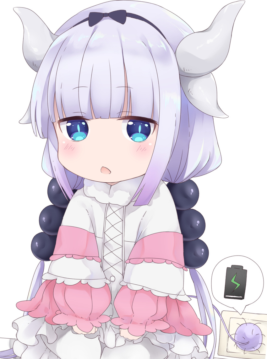 28aarts absurdres bangs battery blue_eyes blunt_bangs charging chestnut_mouth dragon_girl dragon_horns dragon_tail electric_socket hair_bobbles hair_ornament hairband highres horns kanna_kamui kobayashi-san_chi_no_maidragon lavender_hair long_hair looking_at_viewer low_twintails simple_background sitting solo tail twintails wariza white_background