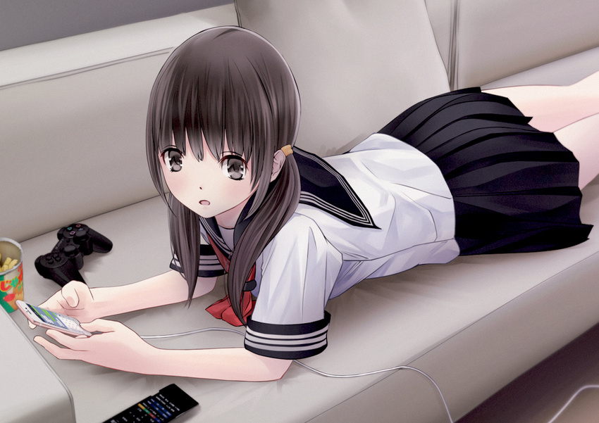 bad_id bad_pixiv_id bangs black_eyes black_hair black_skirt cable can cellphone chikuwa_(odennabe) chips commentary_request controller couch cushion dualshock dutch_angle eyebrows_visible_through_hair food game_controller gamepad holding holding_cellphone holding_phone indoors long_hair looking_to_the_side lying neckerchief on_couch on_stomach open_mouth original phone pleated_skirt red_neckwear remote_control revision school_uniform serafuku short_sleeves skirt smartphone solo twintails