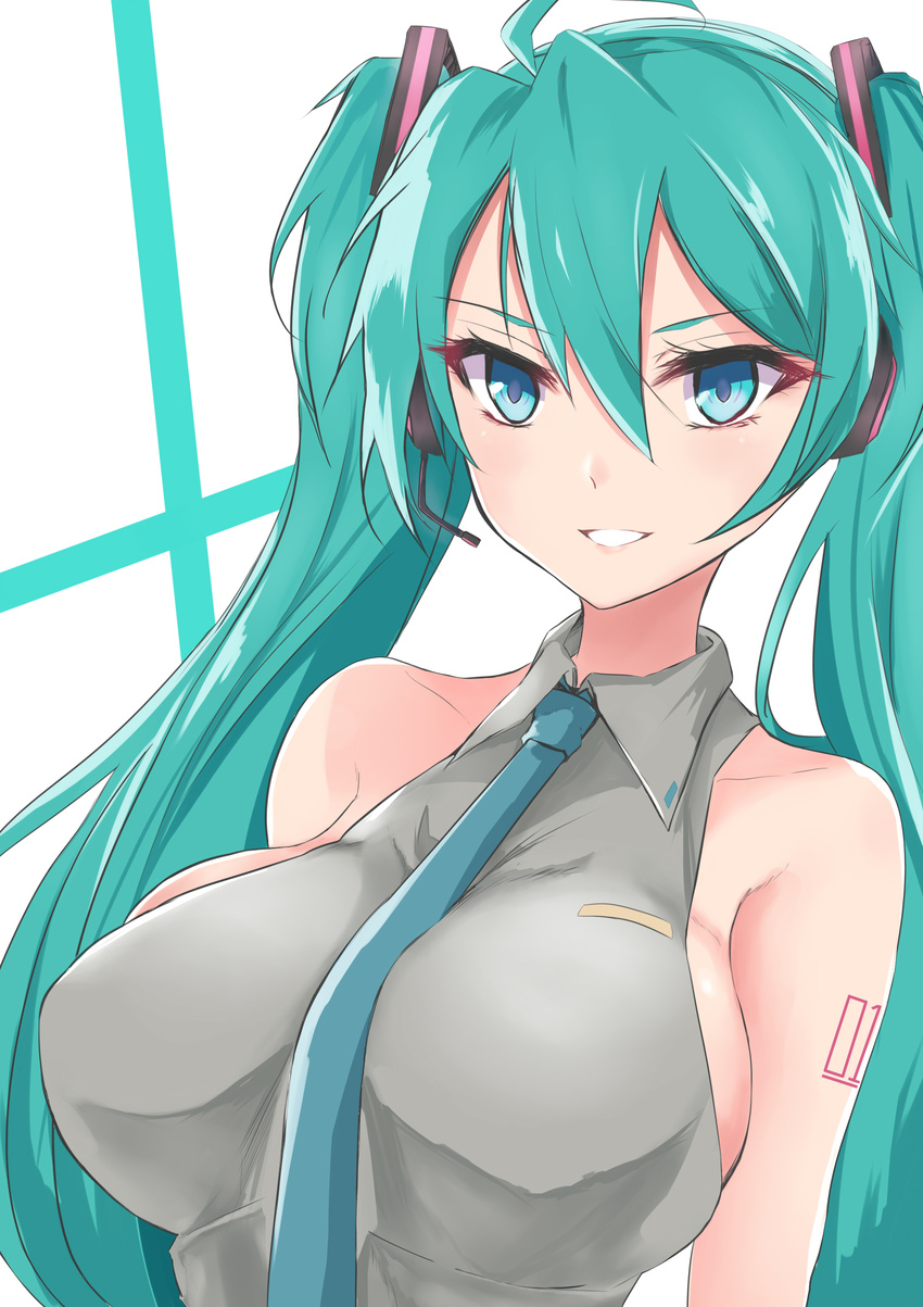 absurdres aqua_eyes aqua_hair breasts grin hatsune_miku headset highres large_breasts long_hair necktie sayo_ayato smile solo twintails upper_body vocaloid