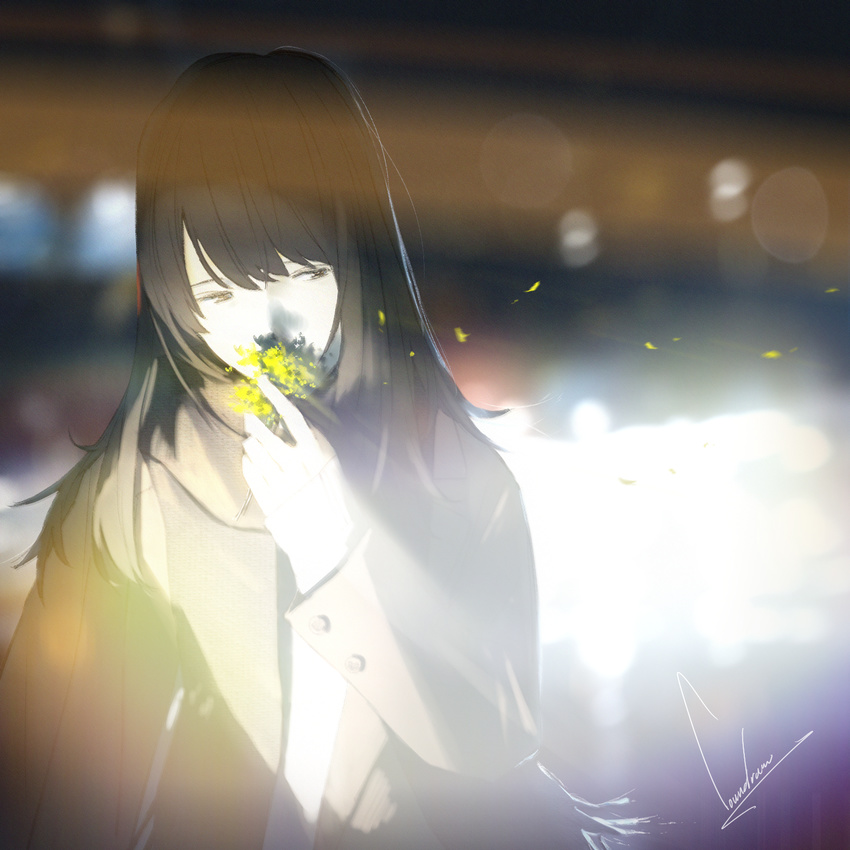 bangs black_hair blurry blurry_background brown_eyes coat commentary_request depth_of_field flower half-closed_eyes highres holding holding_flower long_hair long_sleeves looking_to_the_side loundraw original signature smelling smelling_flower solo upper_body