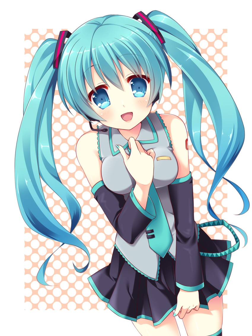 aqua_eyes aqua_hair bangs blush cowboy_shot detached_sleeves hand_on_own_chest hatsune_miku headset highres long_hair mashiro_yuki necktie open_mouth skirt solo thighhighs twintails vocaloid