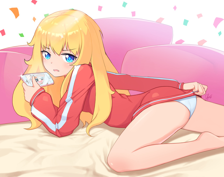 absurdres ass bad_id bad_pixiv_id blonde_hair blue_eyes cellphone cellphone_picture company_connection confetti covering covering_ass doma_umaru douga_koubou eyebrows_visible_through_hair gabriel_dropout highres himouto!_umaru-chan komaru lee_seok_ho long_hair long_sleeves looking_at_viewer no_pants panties phone signature smartphone solo tenma_gabriel_white trait_connection underwear white_panties