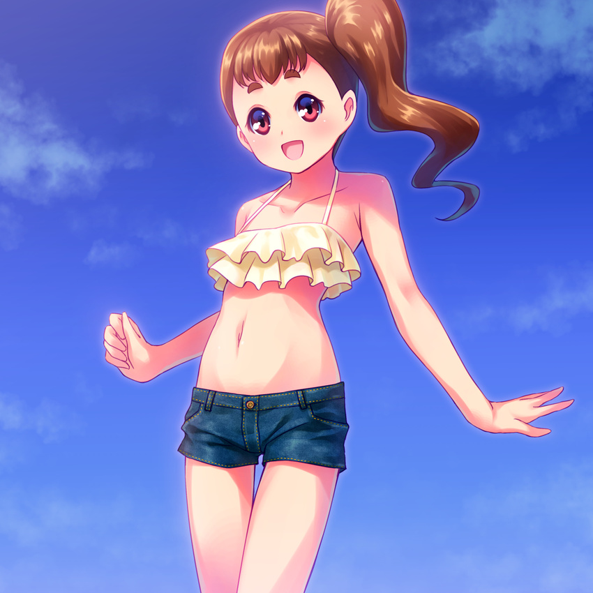 :d arisugawa_himari bikini_top blue_sky blush brown_hair cloud collarbone day denim denim_shorts eyebrows head_tilt highres kirakira_precure_a_la_mode looking_at_viewer midriff navel open_mouth outdoors precure red_eyes sayousuke short_hair short_shorts shorts side_ponytail sky smile solo thick_eyebrows thigh_gap