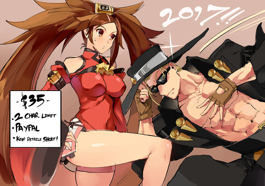 1girl 2017 abs blonde_hair breasts brown_eyes brown_hair china_dress chinese_clothes detached_sleeves dress fingerless_gloves gloves guilty_gear guilty_gear_xrd hair_rings hat highres impossible_clothes impossible_dress johnny_sfondi kenshin187 kuradoberi_jam leg_up legs long_hair medium_breasts red_dress shirtless sunglasses sweat thighs very_long_hair