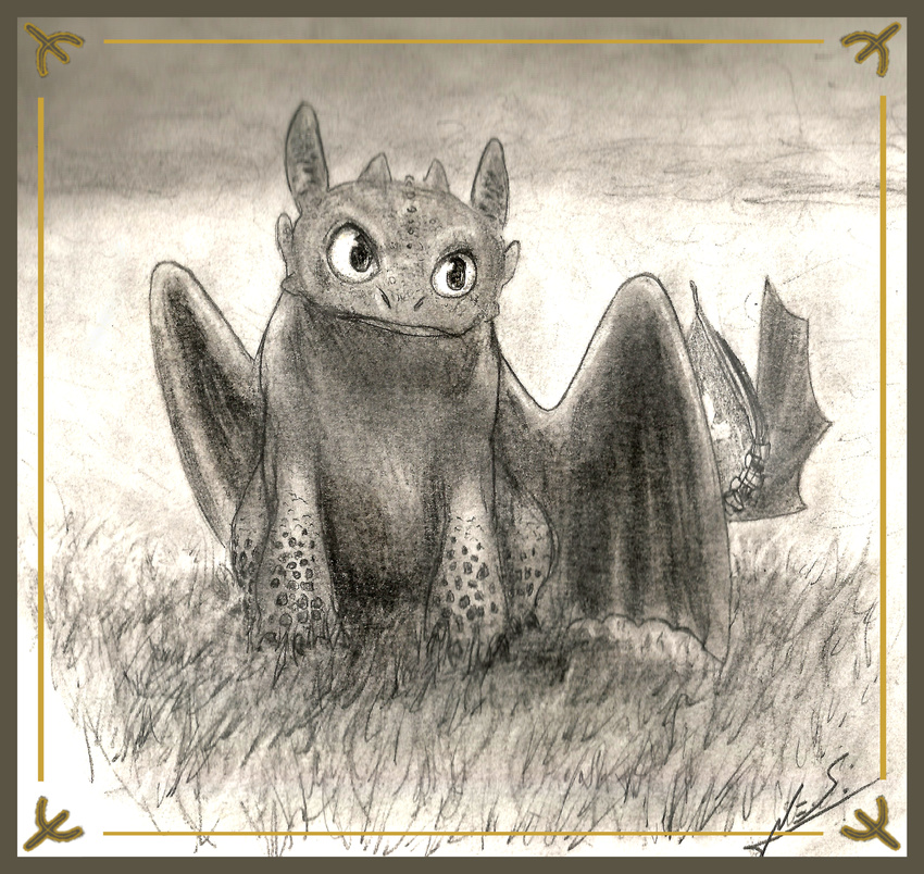 big_eyes black_dragon border dragon grass holt5 how_to_train_your_dragon invalid_tag long_ears looking_out male monochrome night_fury reptile scales scalie single sitting toothless wings