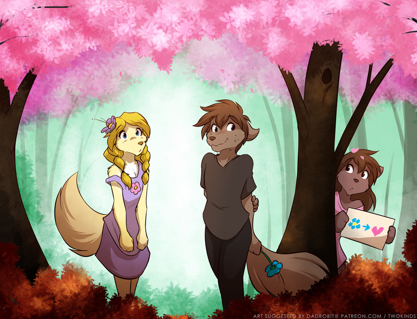 &lt;3 anthro brown_fur canine clothing dress embarrassed female flower flower_in_hair forest fur group hands_behind_back keidran looking_back love_confession male mammal natani pigtails plant shy sibling sign sweat tom_fischbach tree twokinds wolf yellow_fur zen_(twokinds)