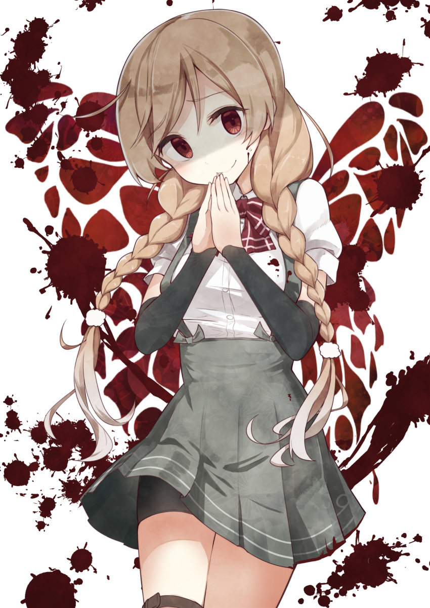1girl ahoge bangs bike_shorts black_legwear blonde_hair blood blood_on_face blood_splatter blush bow bowtie braid breasts closed_mouth commentary_request cowboy_shot crazy_smile detached_sleeves empty_eyes eyebrows_visible_through_hair grey_skirt head_tilt high-waist_skirt highres kantai_collection long_hair long_sleeves looking_at_viewer medium_breasts minegumo_(kantai_collection) multicolored multicolored_background own_hands_together red_bow red_eyes red_neckwear shaded_face shirt short_sleeves shorts shorts_under_skirt skirt smile solo suspender_skirt suspenders tareme thighhighs thighs twin_braids white_shirt yandere yopan_danshaku