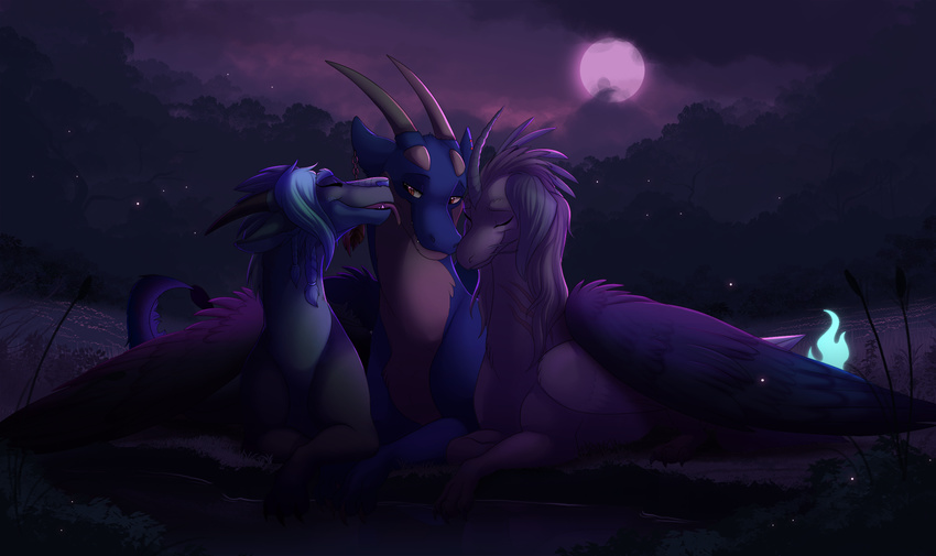 blue_hair claws detailed_background dragon eyes_closed feathered_dragon feathered_wings feathers female fur furred_dragon hair horn kitchiki licking lying male moon night outside smile tongue tongue_out wings