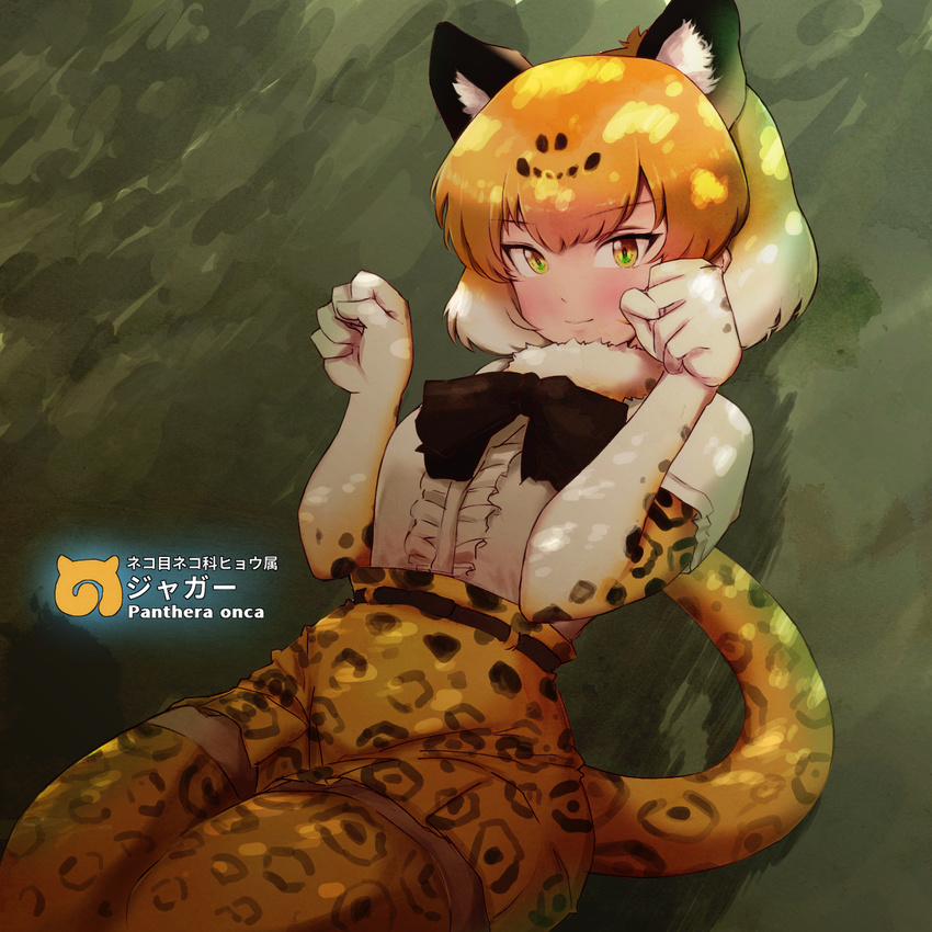 animal_ears bow character_name commentary_request elbow_gloves fur_collar gloves green_eyes highres jaguar_(kemono_friends) jaguar_ears jaguar_print jaguar_tail japari_symbol kemono_friends looking_at_viewer mityubi multicolored_hair paw_pose scientific_name short_hair skirt solo tail thighhighs