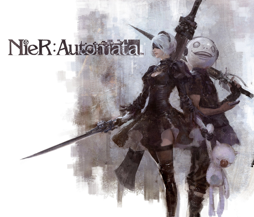 1girl black_dress black_jacket blindfold commentary company_connection copyright_name crossover dress emil_(nier) engine_blade feather-trimmed_sleeves final_fantasy final_fantasy_xv highres jacket mask matsuzawa_yuuki moogle nier_(series) nier_automata noctis_lucis_caelum official_art silver_hair square_enix sword thighhighs weapon yorha_no._2_type_b