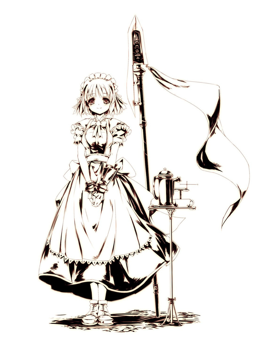 apron character_request cup dress eien_no_aselia esperia eternity_sword_series hands_together highres hitomaru maid monochrome official_art polearm shoes short_hair smile solo spear table teacup teapot weapon