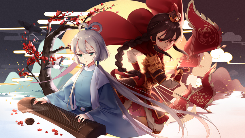 :o animal arm_guards armor bird black_hair boat braid censer chinese_clothes closed_mouth commentary_request egasumi faulds flag flat_chest full_moon green_eyes grey_hair guan_hat guzheng hair_rings hair_tubes half-closed_eyes highres holding holding_sword holding_weapon instrument kyuri_tizu long_hair long_sleeves looking_at_viewer luo_tianyi moon multiple_girls music pauldrons petals playing_instrument red_eyes sad sash sheath sidelocks single_braid smile smoke swallow sword tree twintails unsheathing very_long_hair vocaloid vocanese water watercraft weapon wide_sleeves yuezheng_ling