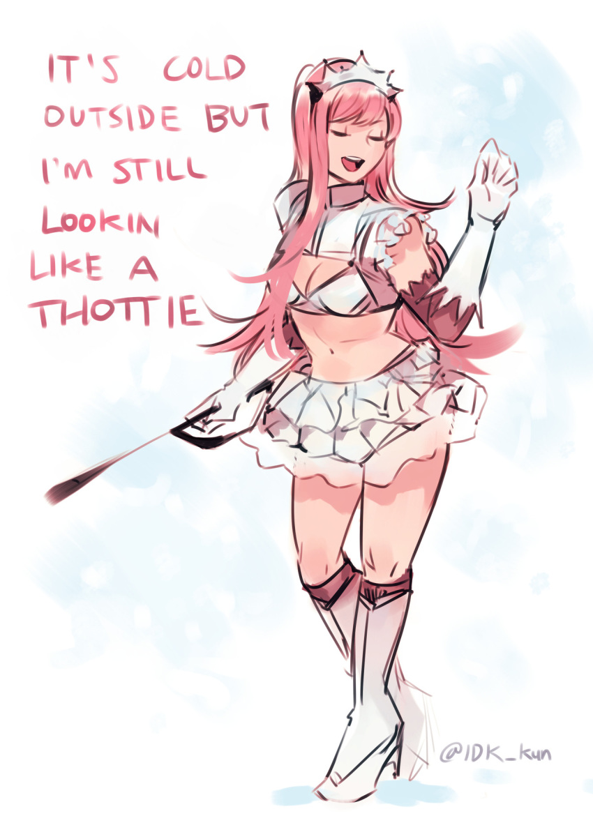 1girl :d blue_background boots bra dancing eyes_closed facing_viewer fate/grand_order fate_(series) gloves high_heel_boots high_heels highres holding idk-kun long_hair medb_(fate)_(all) medb_(fate/grand_order) open_mouth pink_hair riding_crop short_sleeves skirt smile solo standing twitter_username underwear white_bra white_footwear white_gloves white_skirt